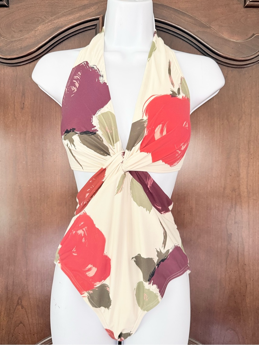 Kate Spade New York Cream Abstract Floral Halter Swimsuit Small